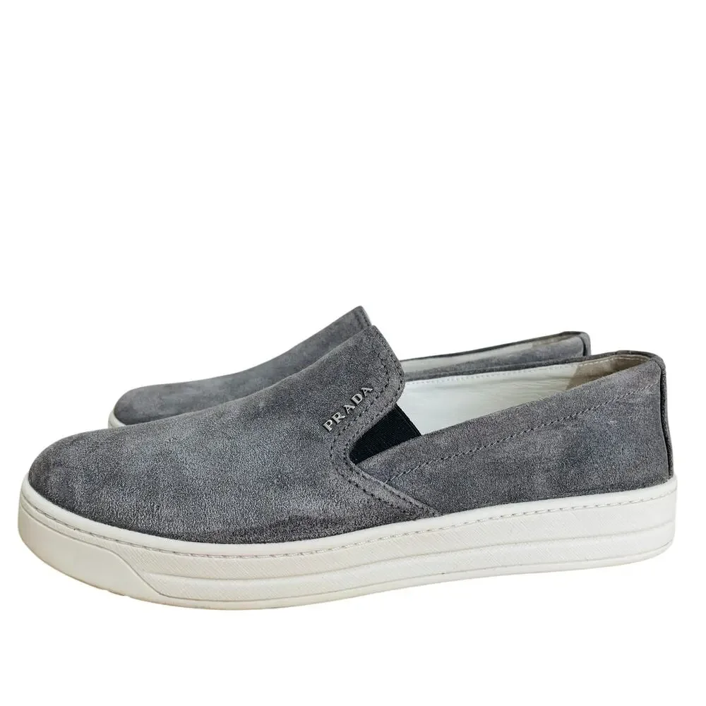 Prada Gray Suede Slip On Sneakers Womens 7 Leather Lined